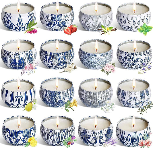Set of 16 scented candles in travel tin jars