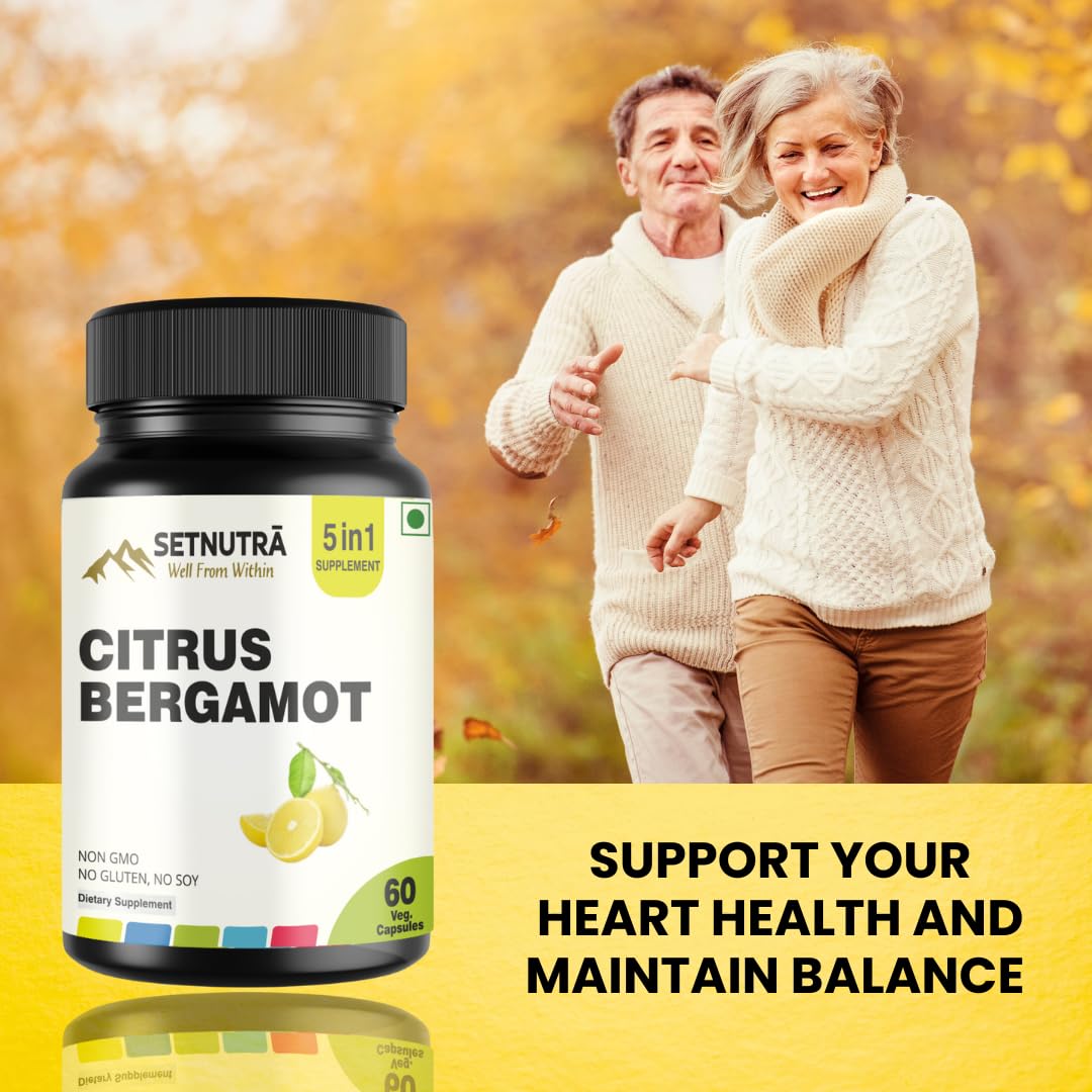 Close-up of Citrus Bergamot fruit and supplement capsules