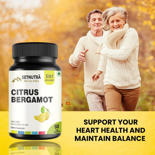 Close-up of Citrus Bergamot fruit and supplement capsules