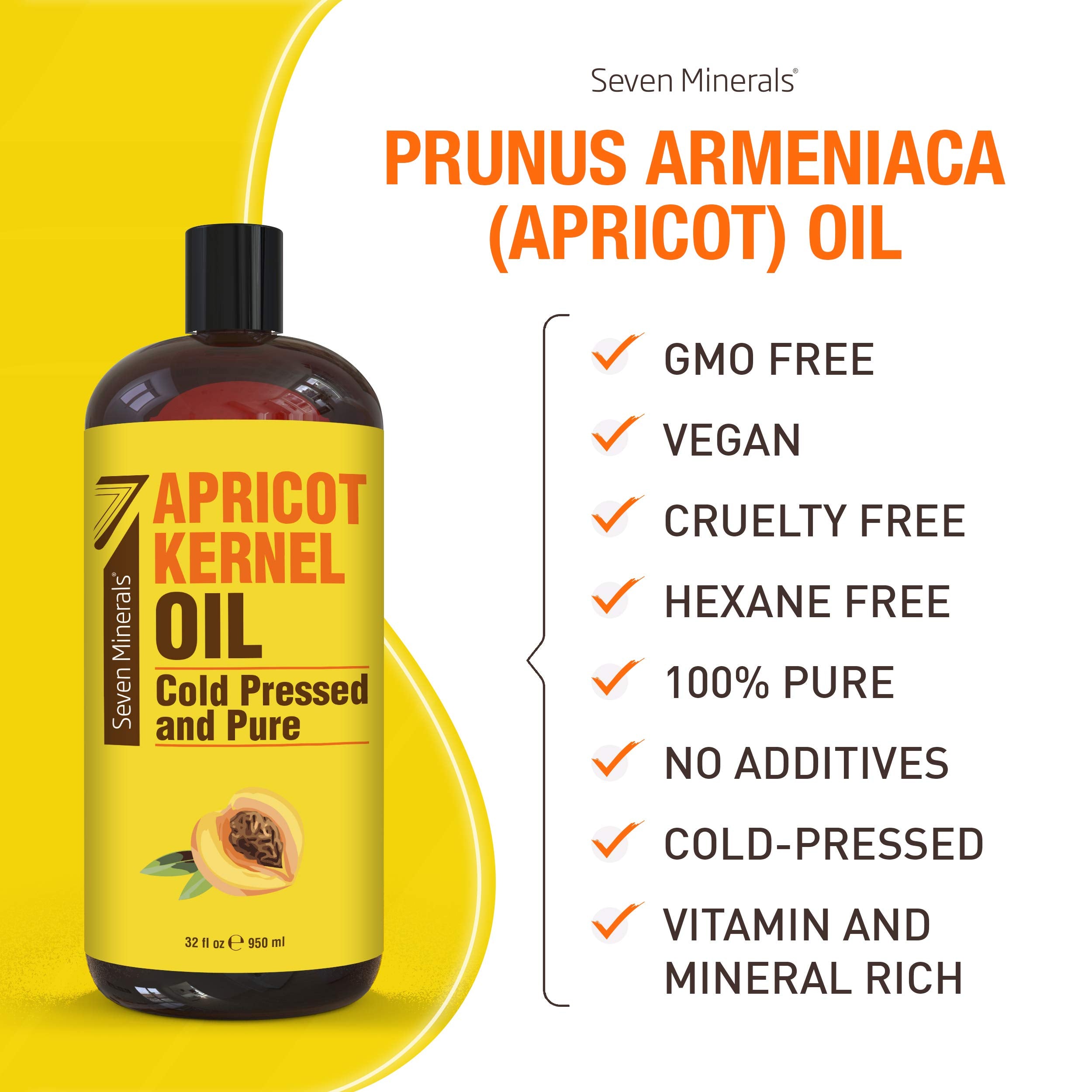 Label showing Non-GMO and Hexane-Free claims on Seven Minerals Apricot Kernel Oil