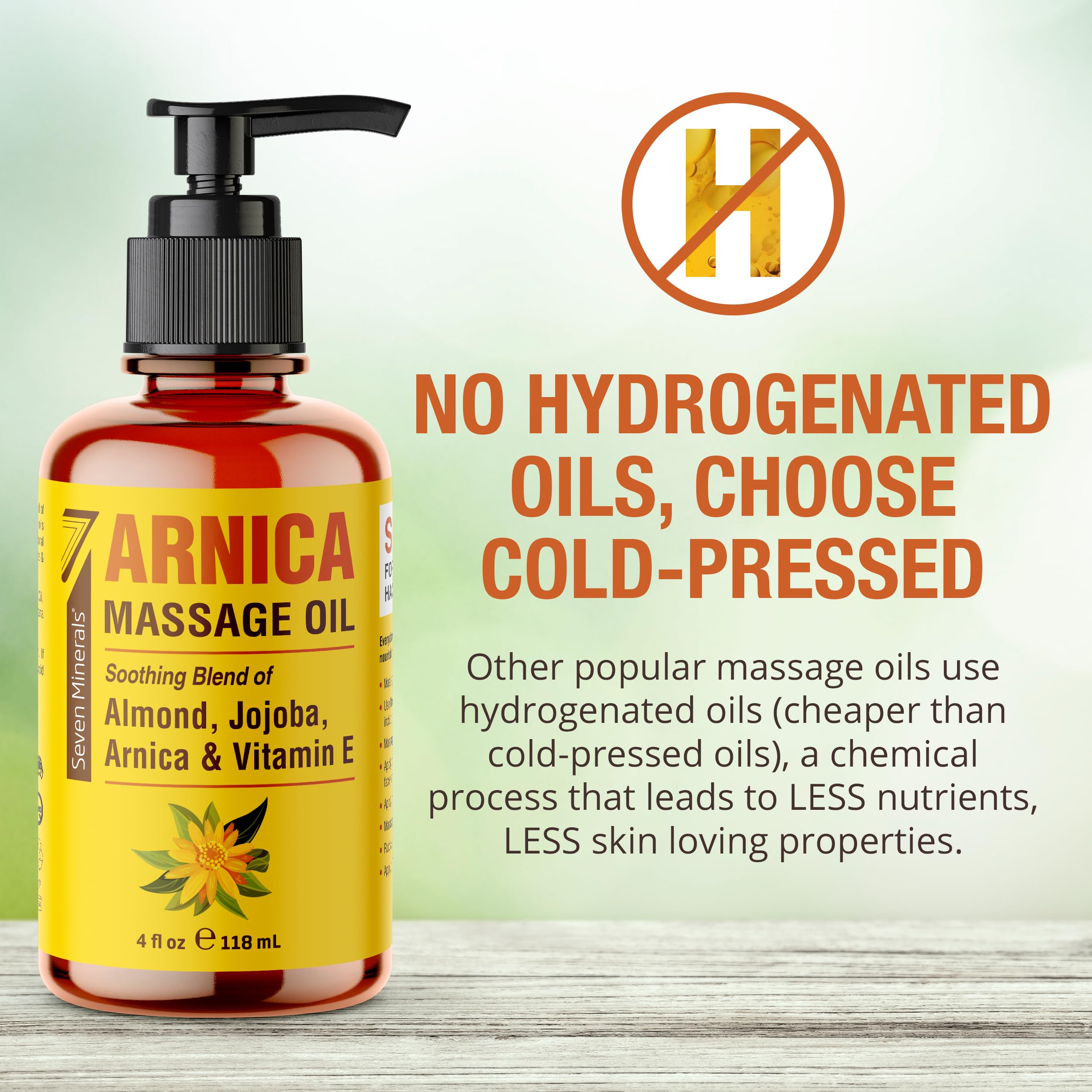 Close-up of Arnica Massage Oil ingredients: Arnica, Sweet Almond, Jojoba, Vitamin E