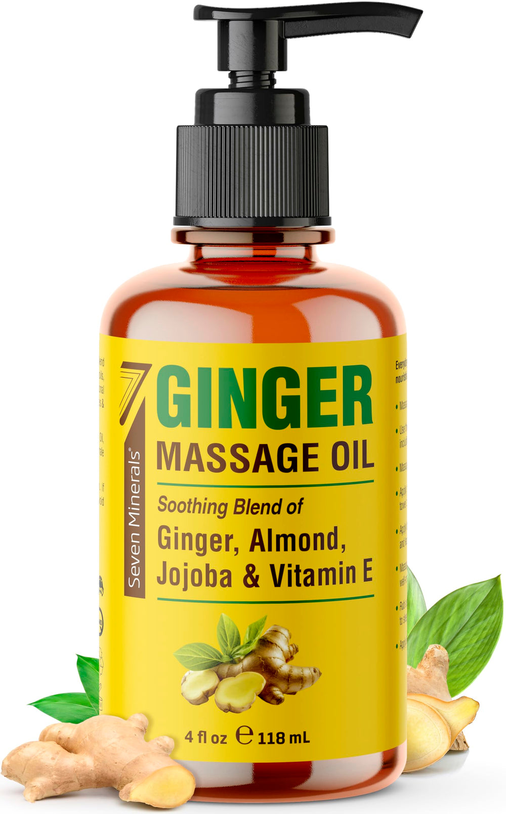 Front view of Seven Minerals Ginger Massage Oil bottle for lymphatic drainage 4 oz