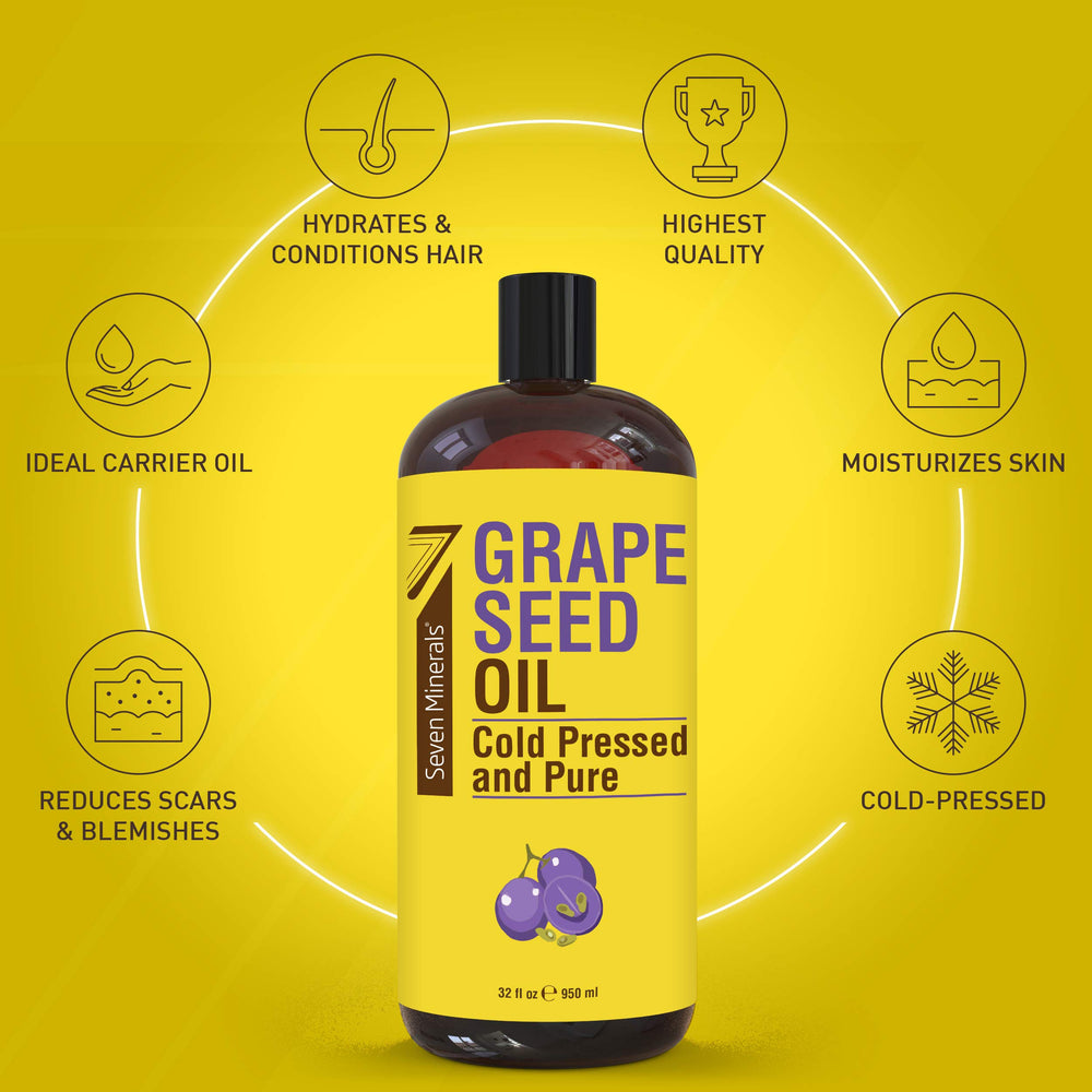 Close-up of Seven Minerals Grapeseed Oil bottle