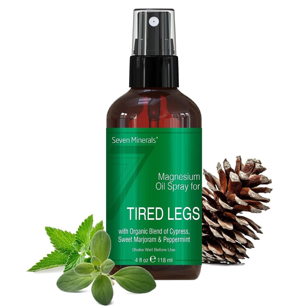 Bottle of Seven Minerals Magnesium Oil Spray in a 4 oz size with Cypress, Sweet Marjoram and Peppermint essential oils