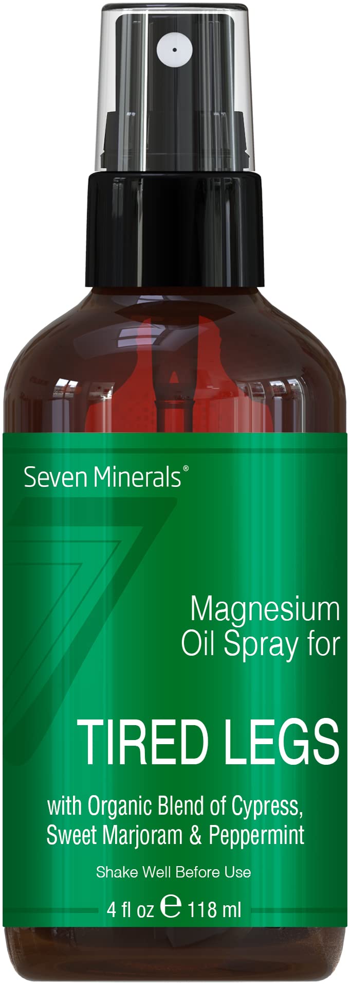 Close-up of magnesium oil spray bottle labeled Seven Minerals with essential oil blend