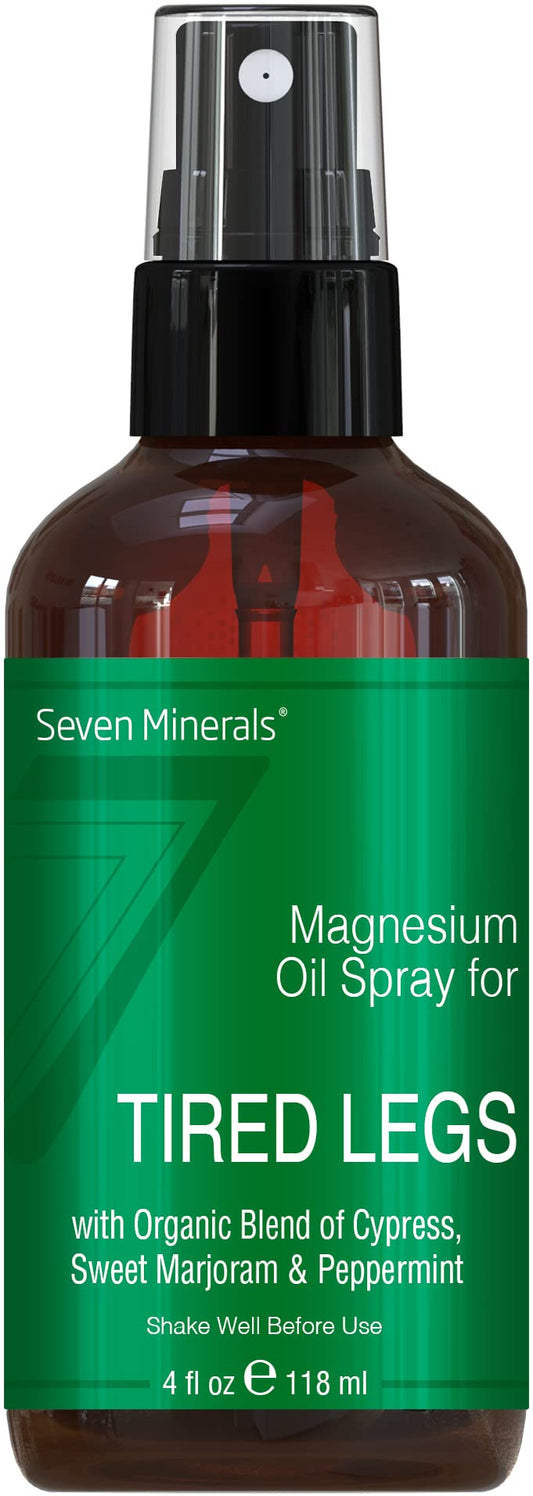 Close-up of magnesium oil spray bottle labeled Seven Minerals with essential oil blend