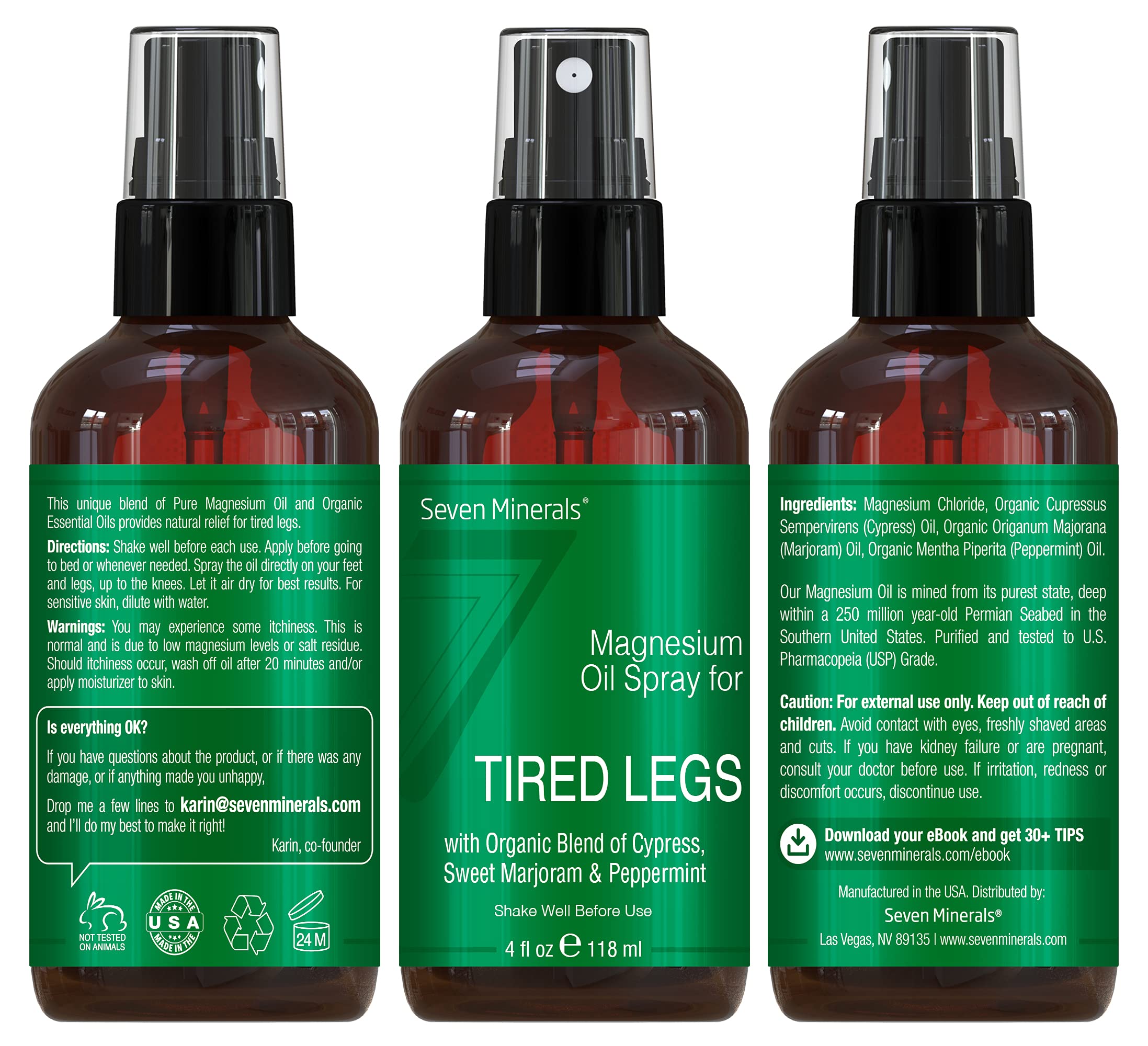 Application of magnesium oil spray on skin for tired legs