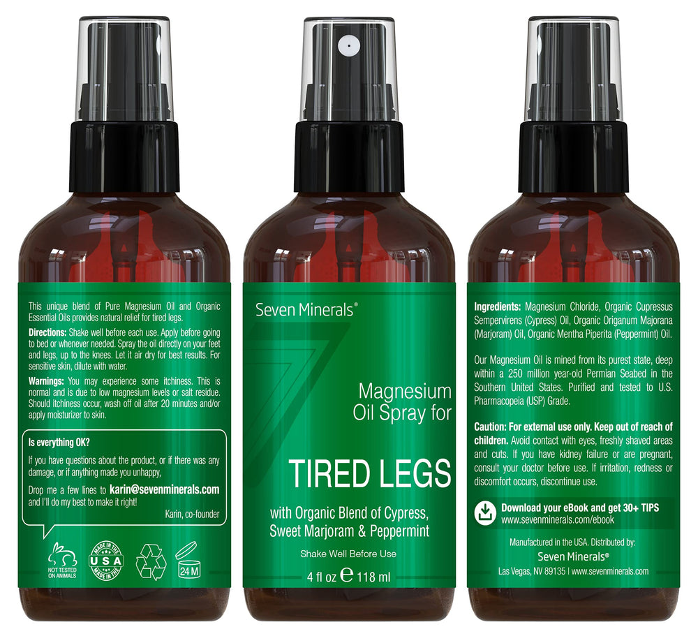 Application of magnesium oil spray on skin for tired legs