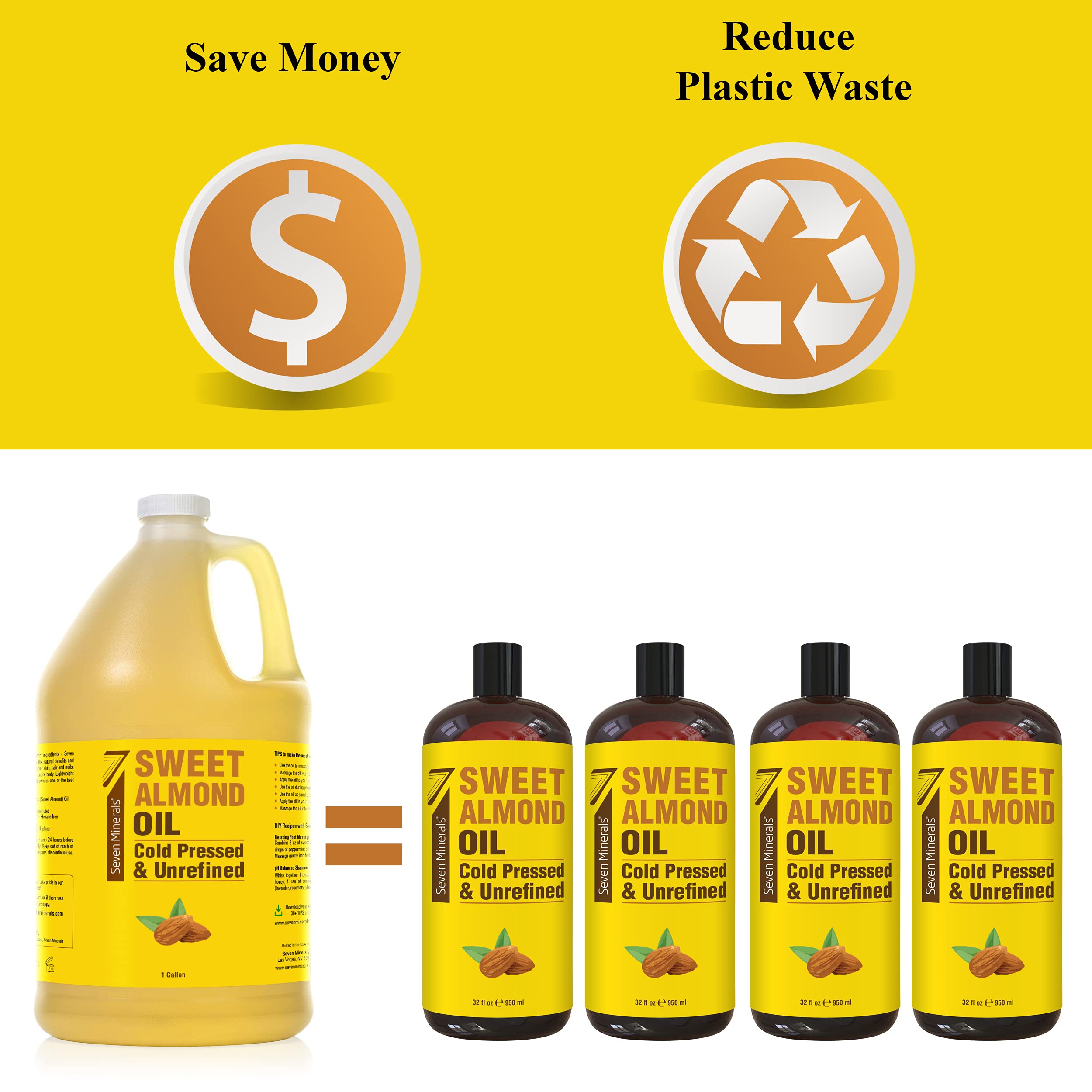 Open gallon bottle showing golden almond oil
