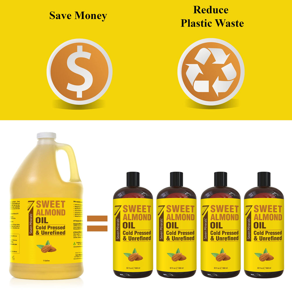 Open gallon bottle showing golden almond oil