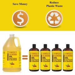 Open gallon bottle showing golden almond oil