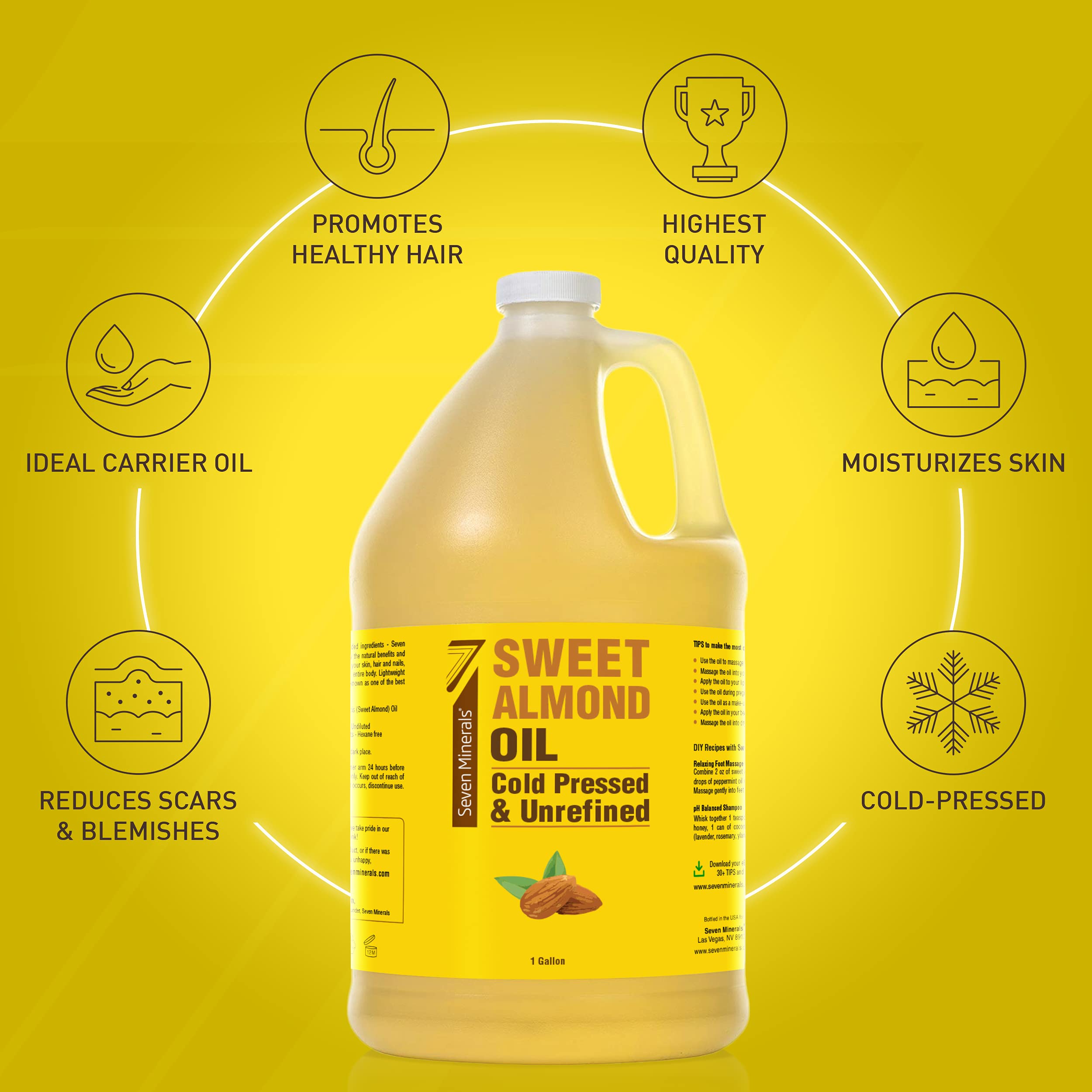Back view of the 1-gallon sweet almond oil bottle with label