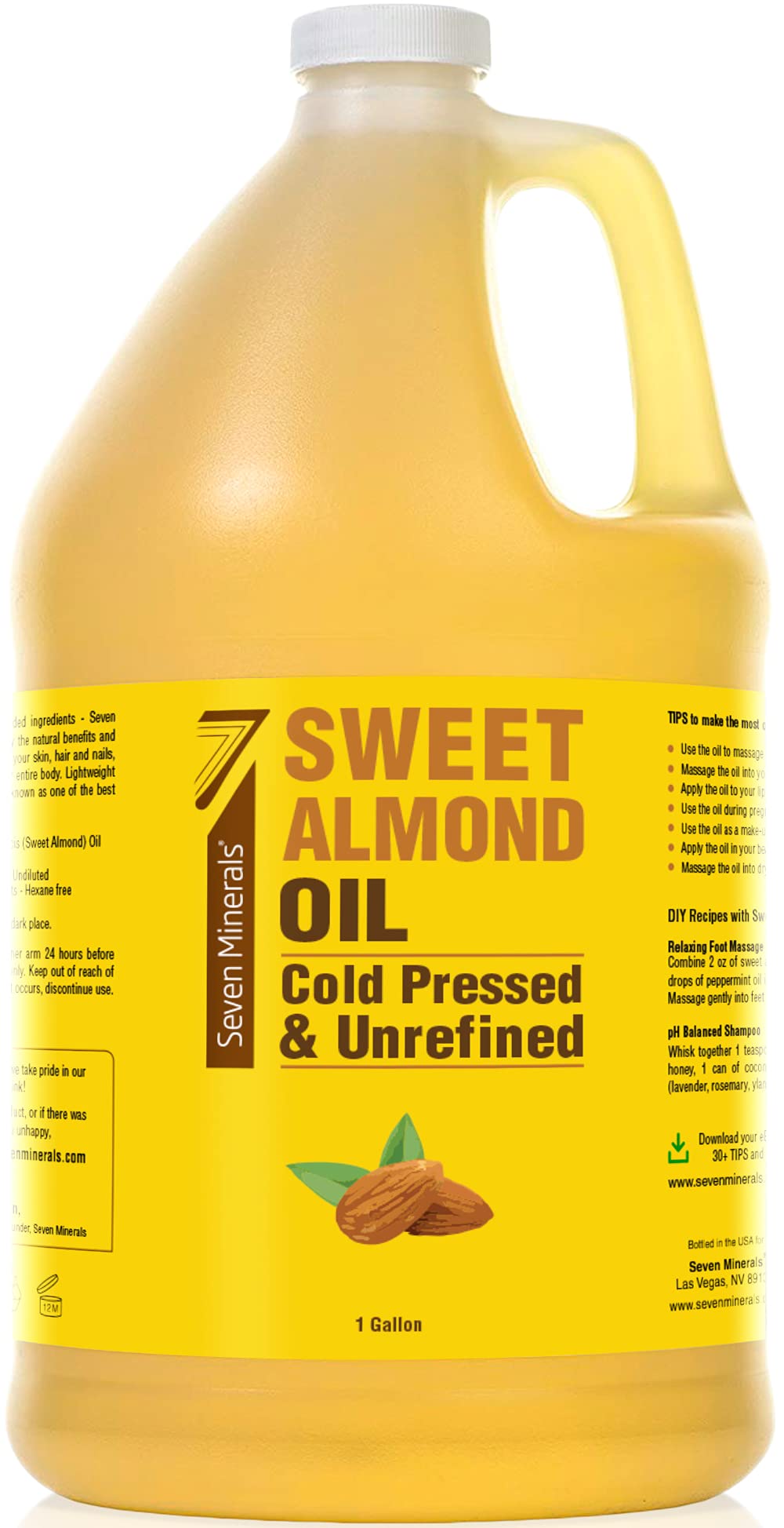 Front view of Seven Minerals Pure Cold Pressed Sweet Almond Oil 1 Gallon bottle