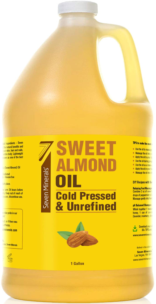 Front view of Seven Minerals Pure Cold Pressed Sweet Almond Oil 1 Gallon bottle