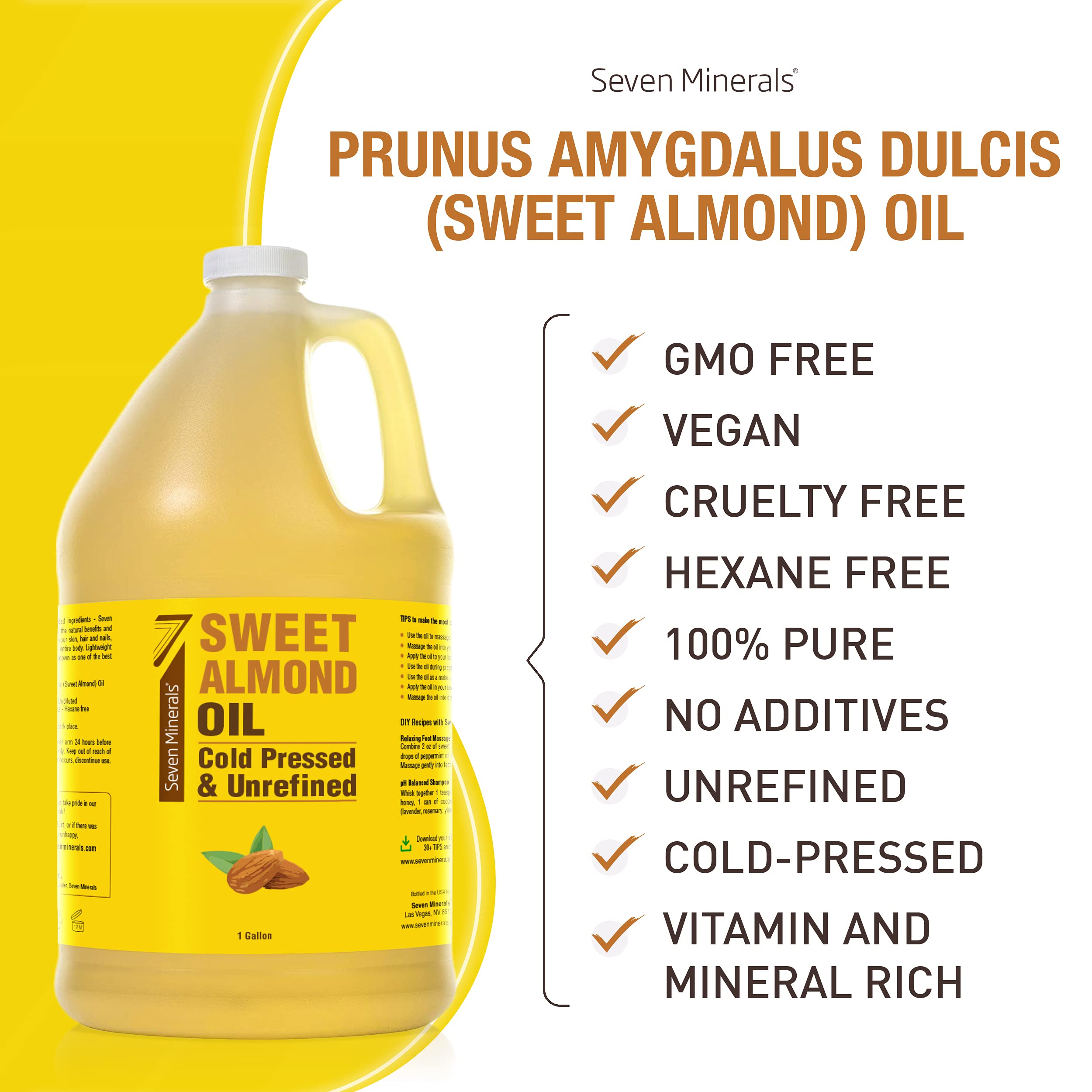 Label close-up of Seven Minerals Sweet Almond Oil 1 Gallon