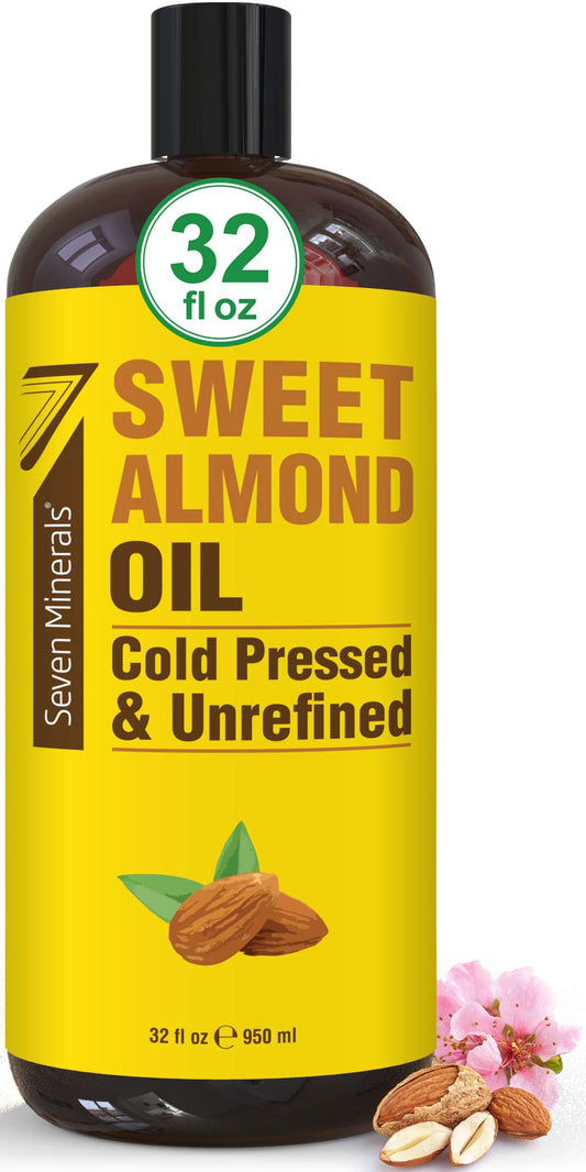 32 oz bottle of Seven Minerals Pure Cold Pressed Sweet Almond Oil