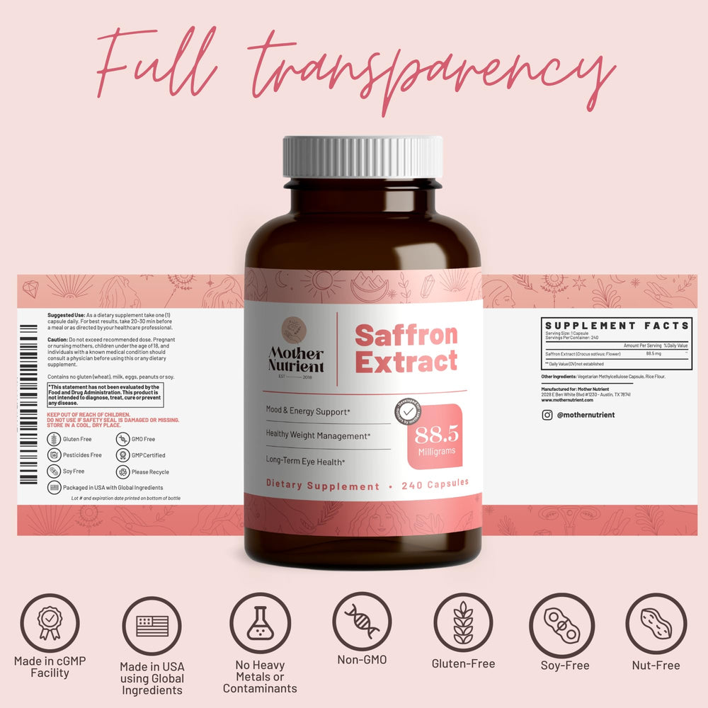 Front view of seven-month supply saffron capsules packaging