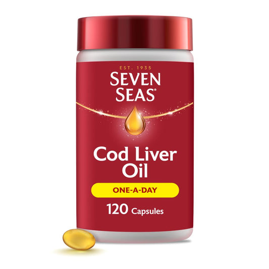 Bottle of Seven Seas Pure Cod Liver Oil 120 capsules