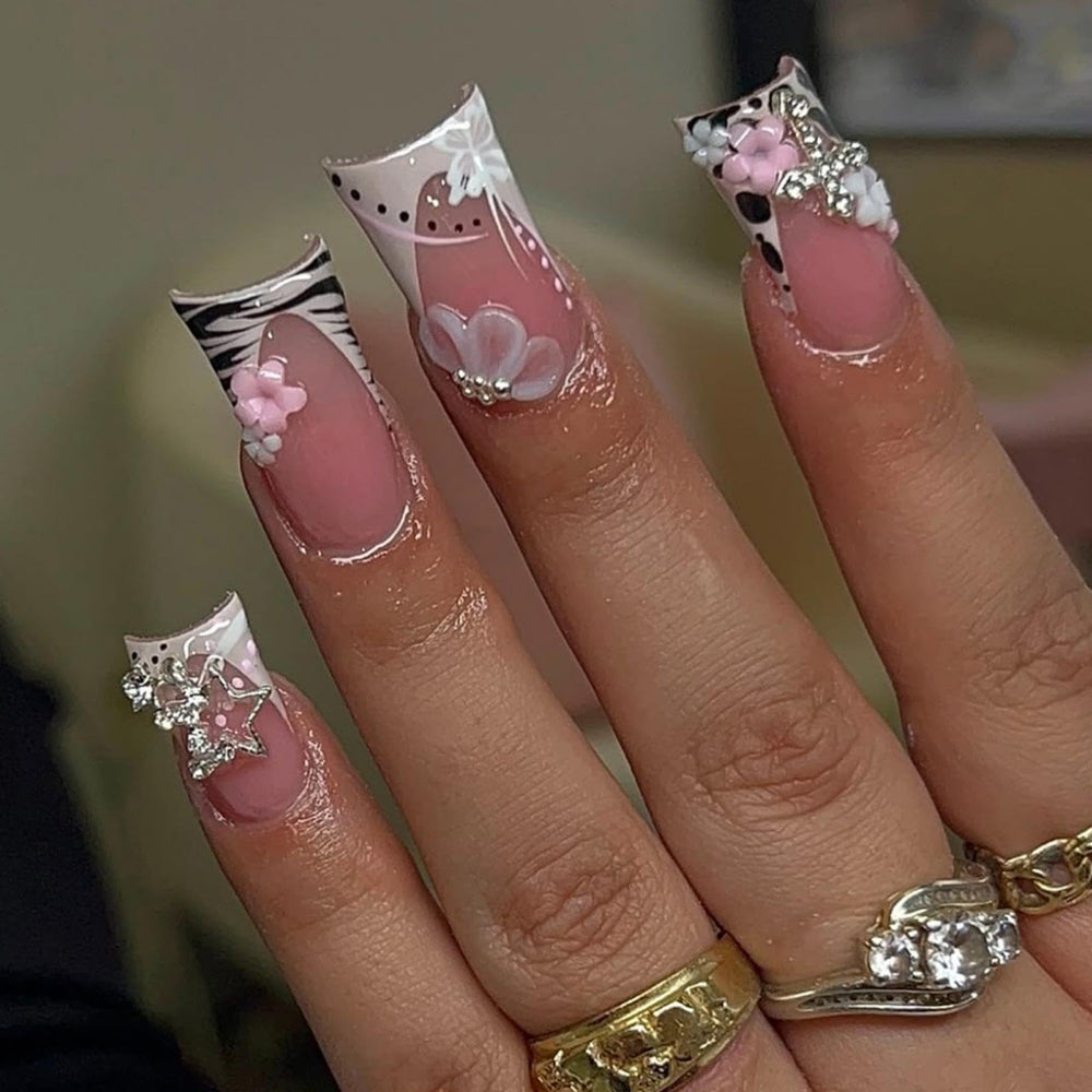 Sevgob Medium Duck Press On Nails with French tips, pink flower charm, 3D stars for salon-style at-home nails.