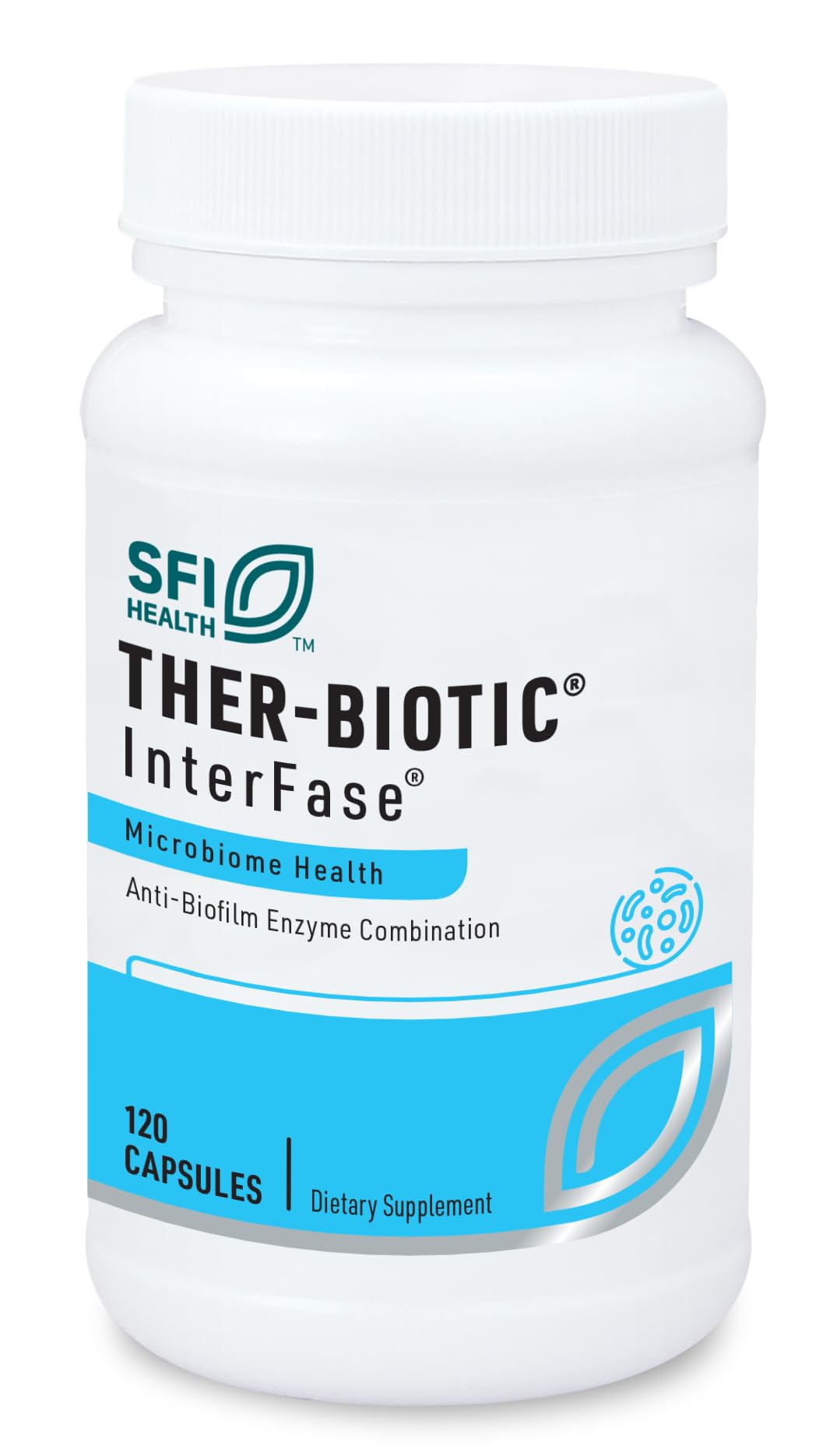 Bottle of SFI Health Klaire Labs Ther-Biotic InterFase multi-enzyme formula for digestive health