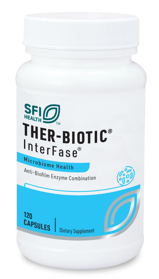 Bottle of SFI Health Klaire Labs Ther-Biotic InterFase multi-enzyme formula for digestive health