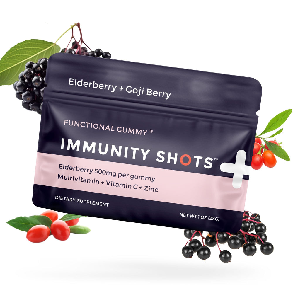 SGC Immunity Shots bottle label close-up with Elderberry and Goji Berry Gummies