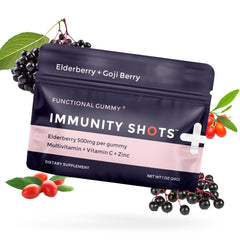 SGC Immunity Shots bottle label close-up with Elderberry and Goji Berry Gummies