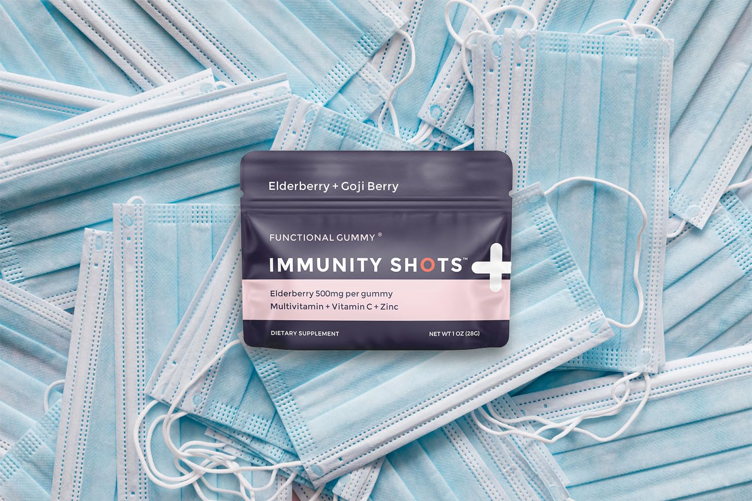 Vegan, gluten-free immunity gummies in glass bottle on table