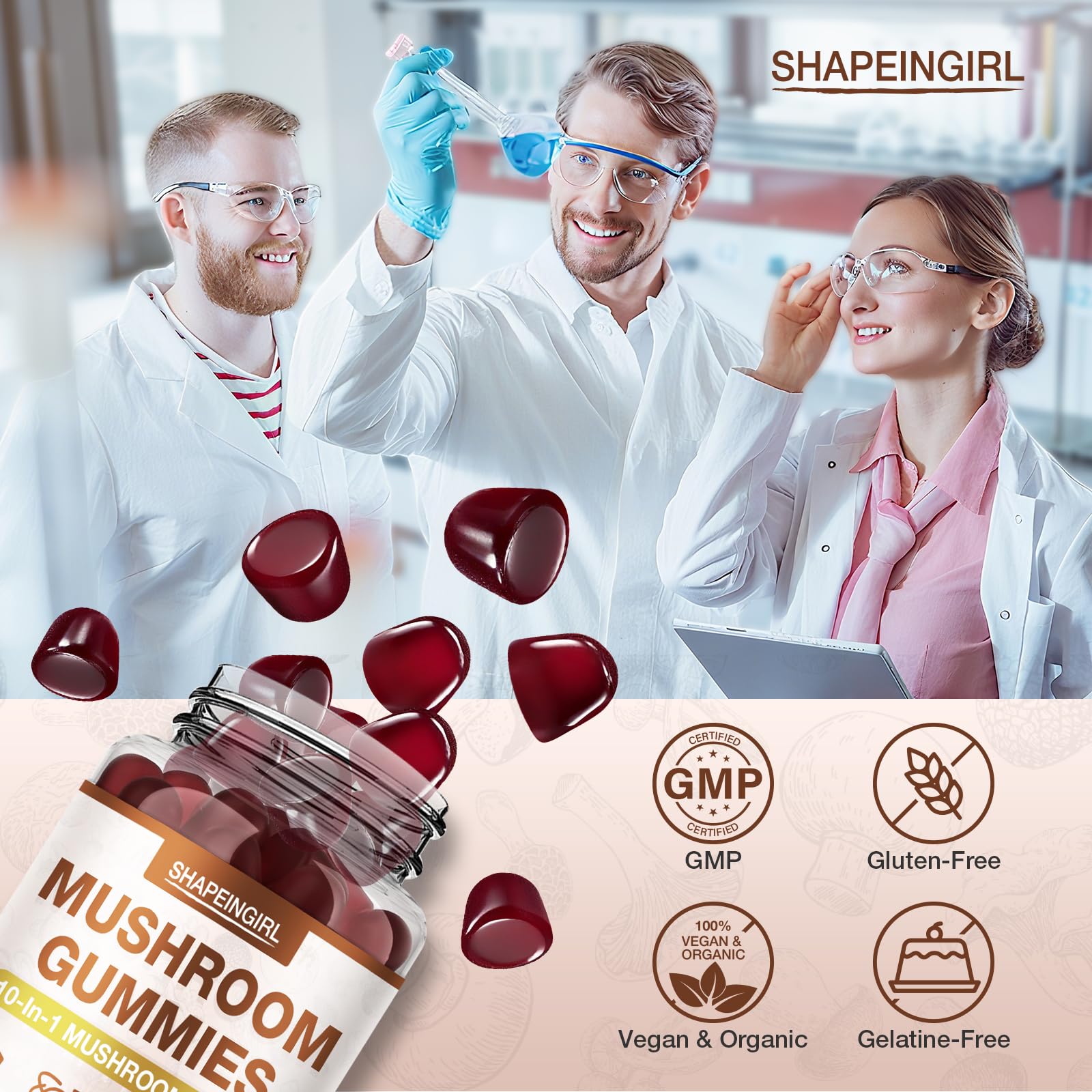 Illustration of seven-mushroom blend used in gummies
