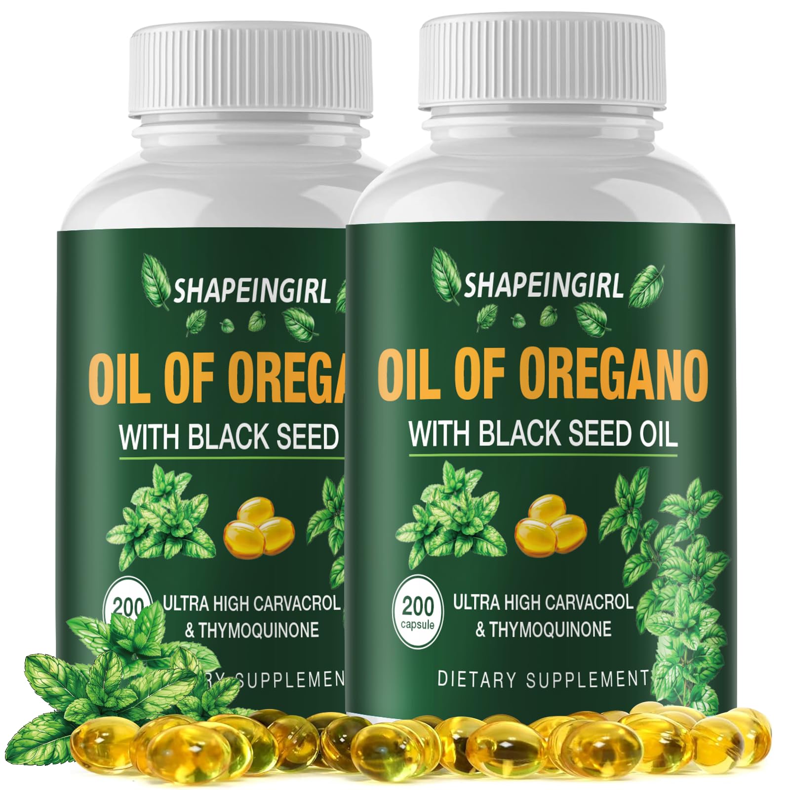 Shapeingirl Organic Oregano Oil with Black Seed Oil bottle and capsules