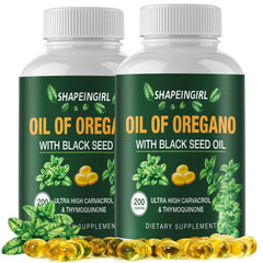 Shapeingirl Organic Oregano Oil with Black Seed Oil bottle and capsules