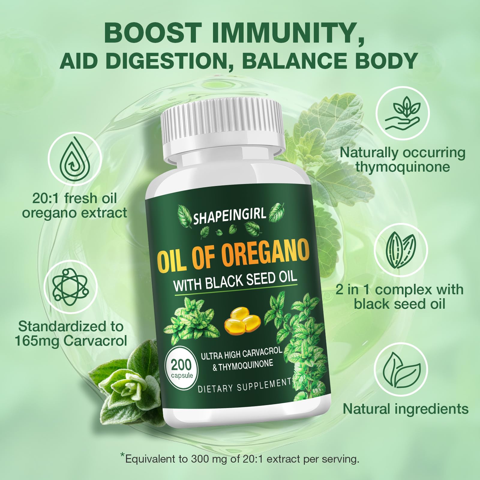 Nutrition label of Shapeingirl oregano oil with black seed oil supplement