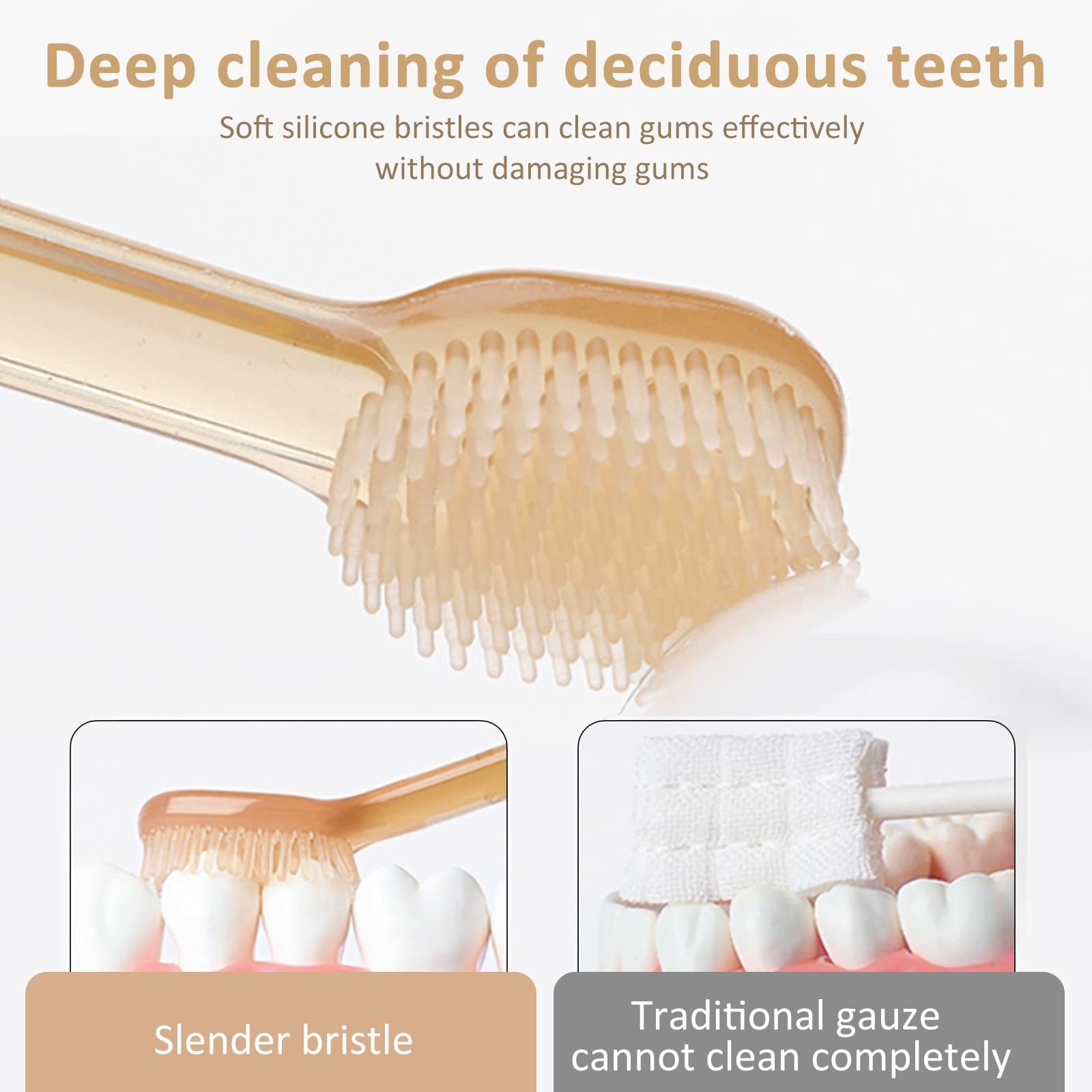 Close-up of soft silicone bristles on baby toothbrush