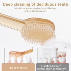 Close-up of soft silicone bristles on baby toothbrush
