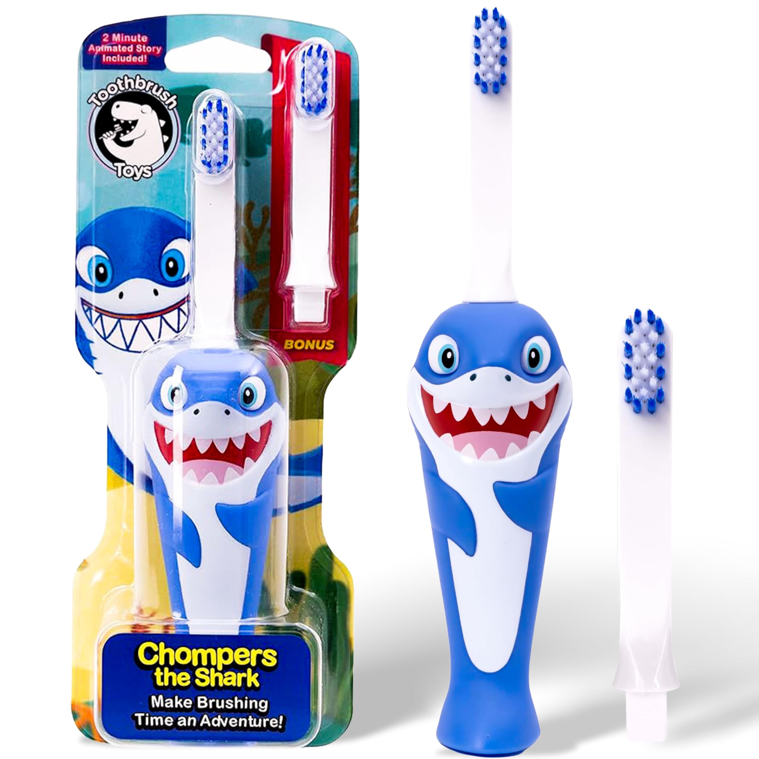 Chompers the Shark kids toothbrush design for ages 2+