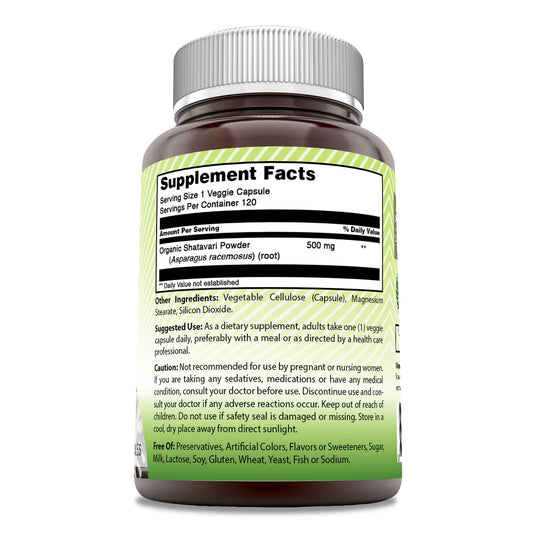 Shatavari supplement 500 mg per serving, 120 capsules