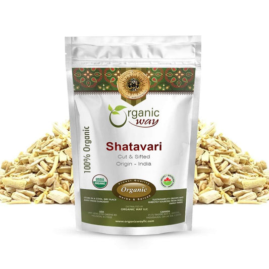 Shatavari cut and sifted herb pieces in a wooden spoon