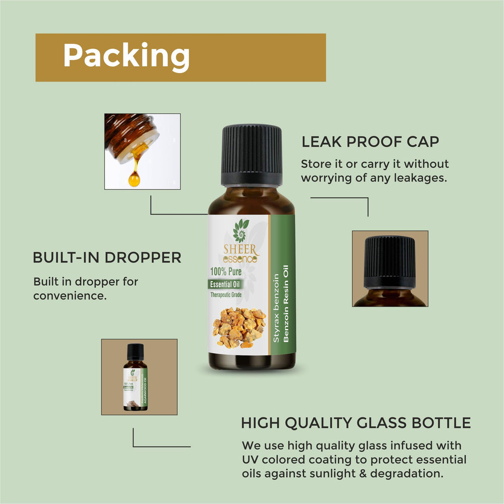 Sheer Essence benzoin essential oil with vanilla-like scent suggesting cozy ambiance