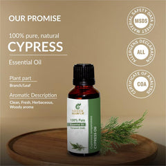 Sheer Essence Cypress Oil label close-up shows purity and quality.