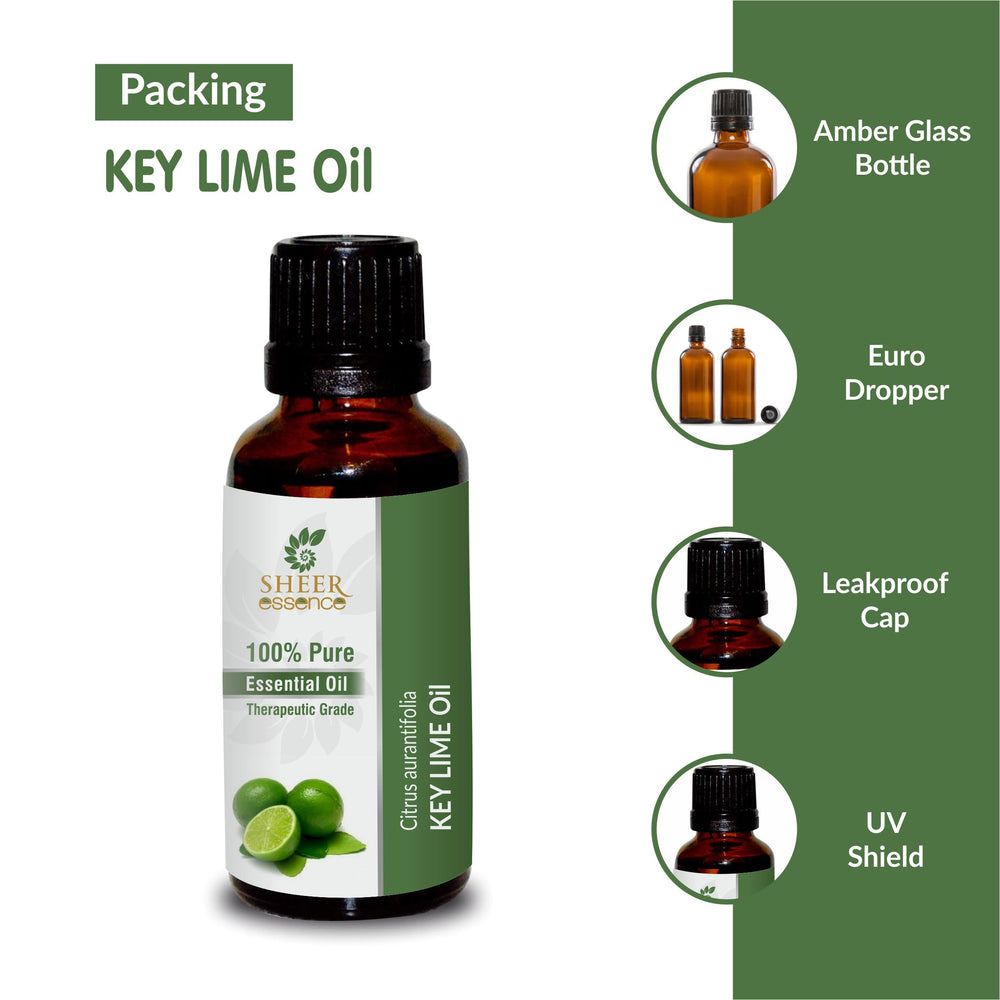 Sheer Essence Key Lime Oil packaging shot underscoring purity and therapeutic-grade citrus