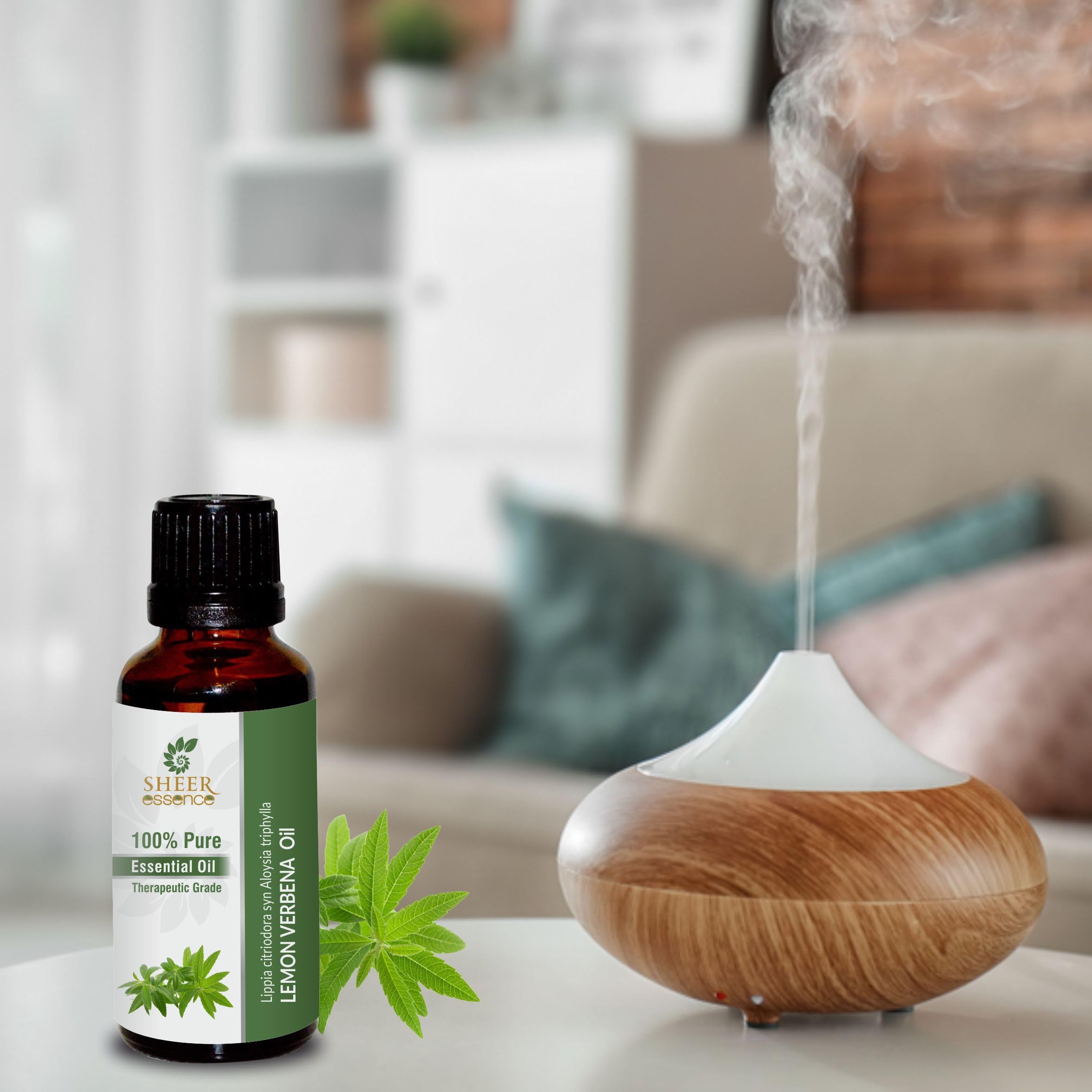 Sheer Essence Lemon Verbena Oil bottle close-up showing pure undiluted oil.