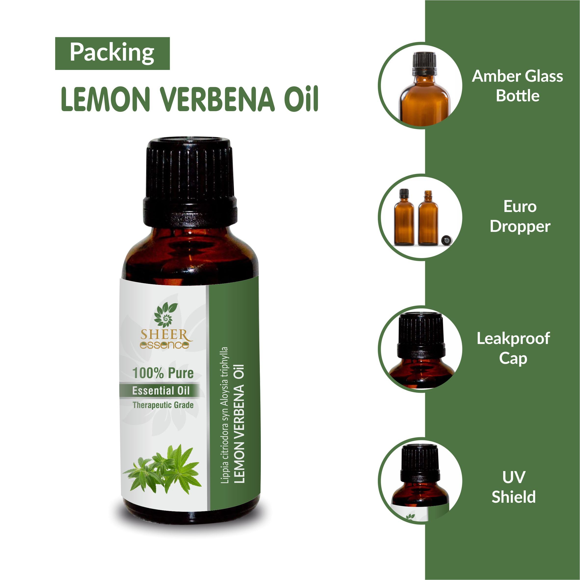 Sheer Essence Lemon Verbena Oil packaging close-up for diffusion-ready purity.