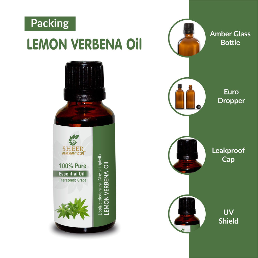 Sheer Essence Lemon Verbena Oil packaging close-up for diffusion-ready purity.