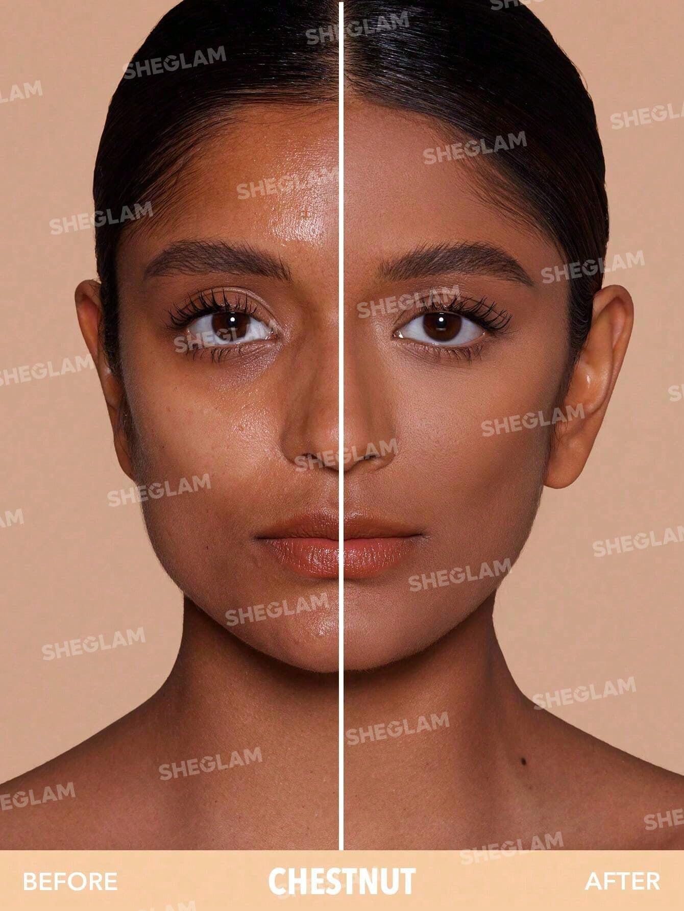 SHEGLAM Soft-focus closeup showing pores smoothed for a velvety matte look.