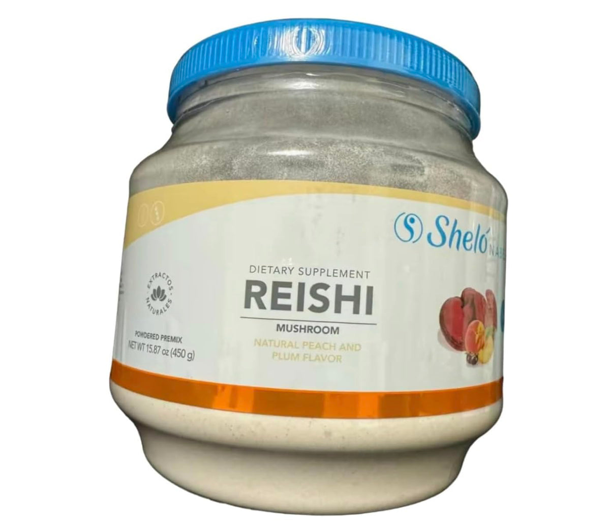 Front view of Sheló NABEL Reishi mushroom premix with peach-plum flavor
