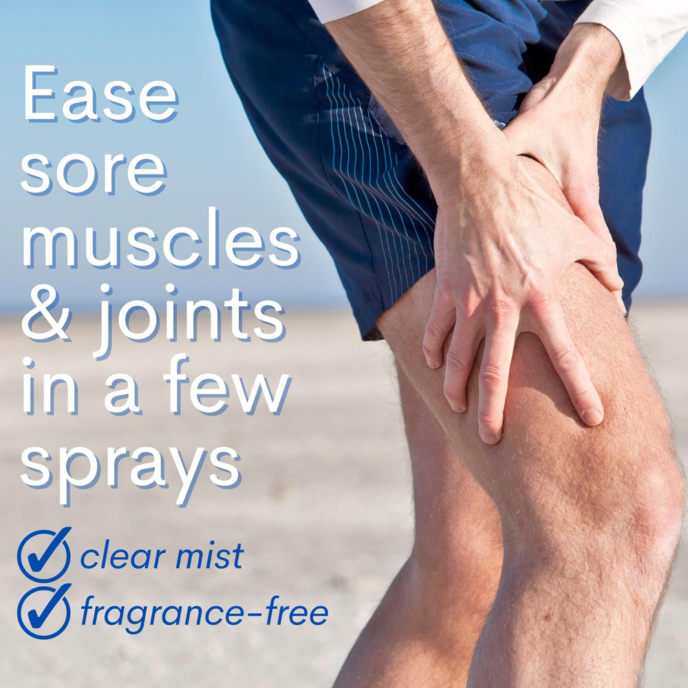 User applying magnesium spray to tense shoulder