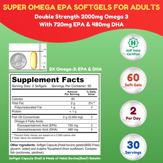Close-up of SHIFAA NUTRITION Halal Fish Oil Softgels bottle label