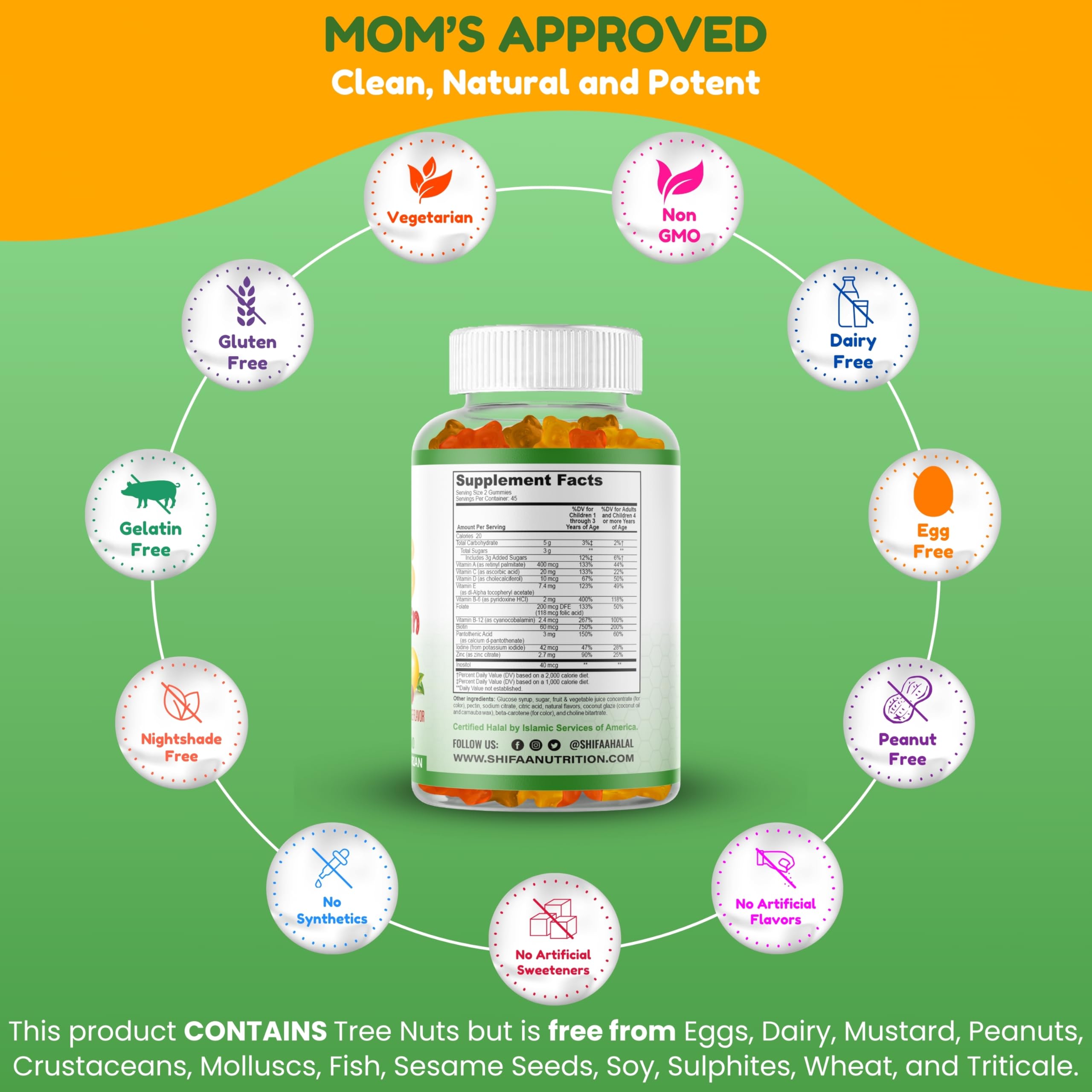 Nutrition facts panel for SHIFAA NUTRITION kids gummies