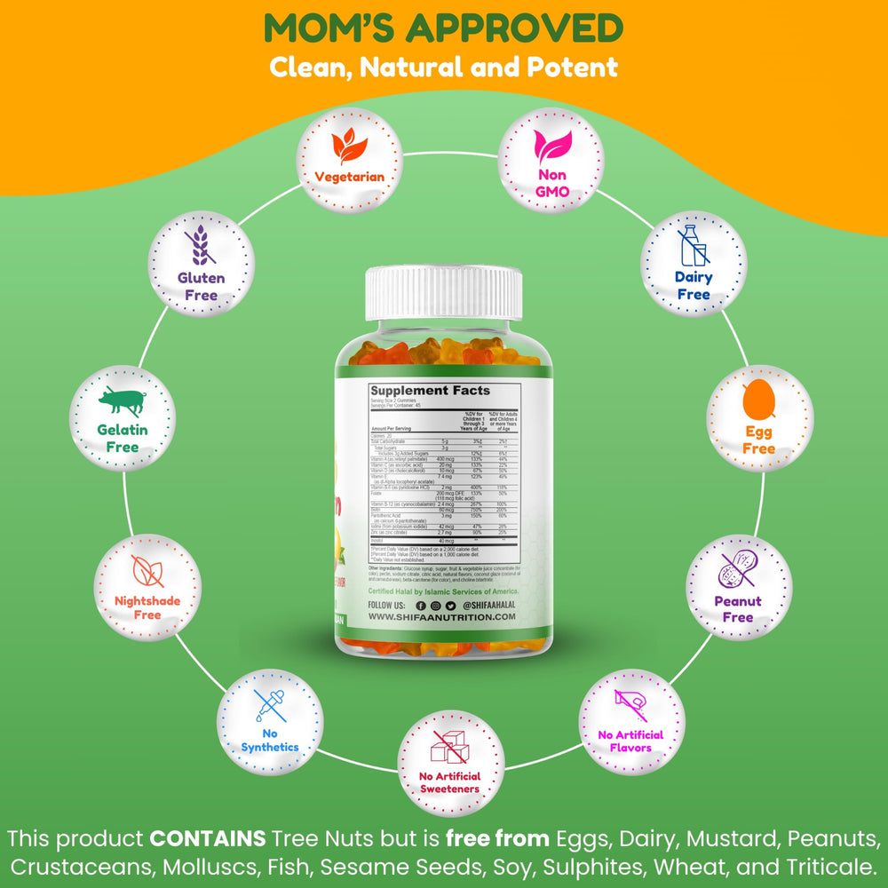 Nutrition facts panel for SHIFAA NUTRITION kids gummies