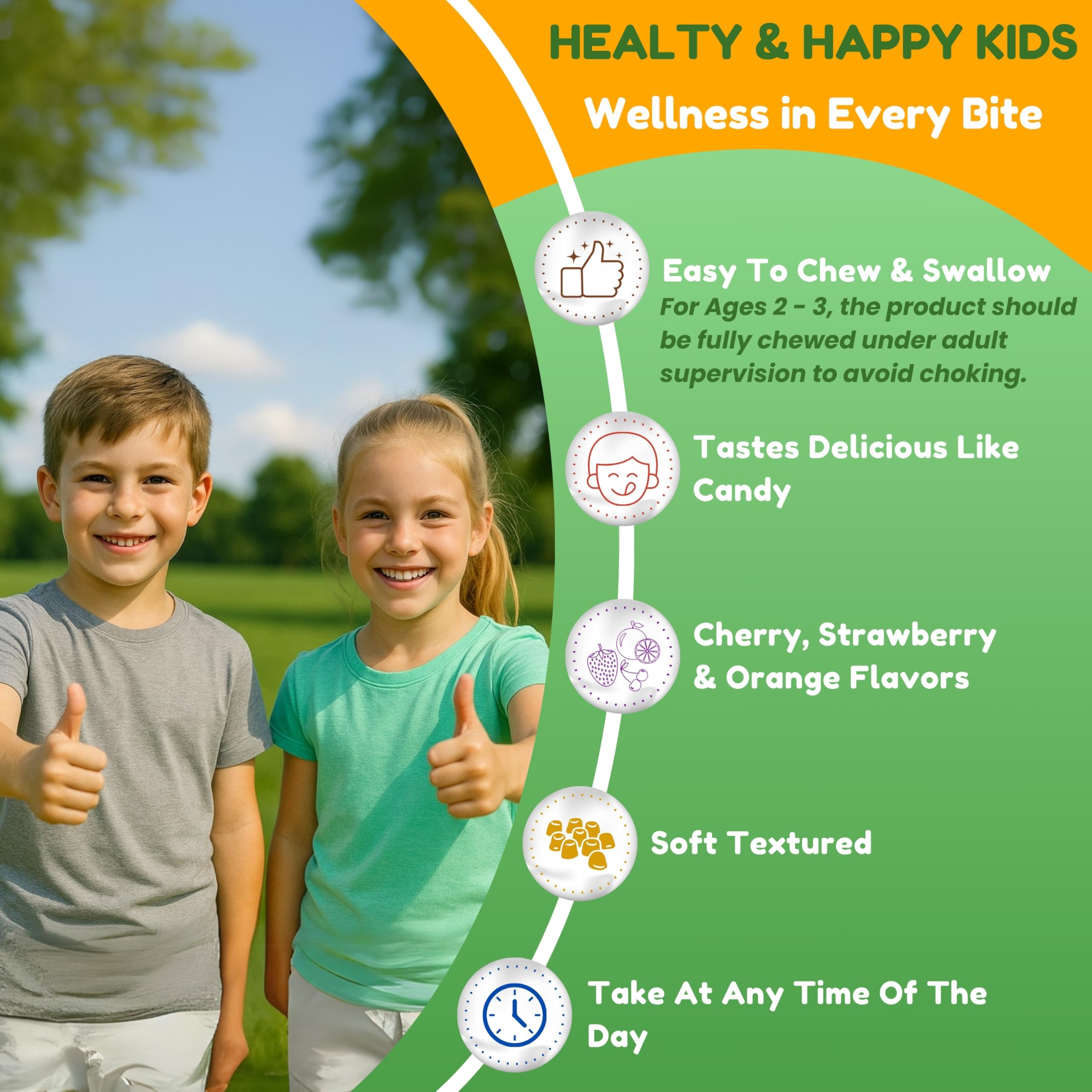 Flavor icons and packaging highlighting cherry, strawberry, orange